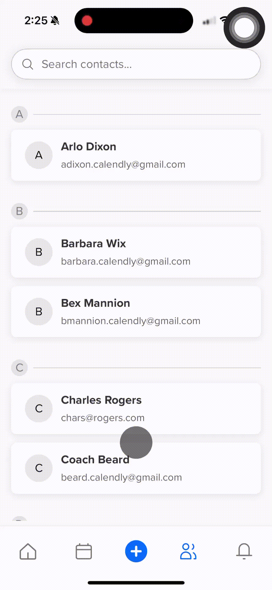GIF showing the Contacts tab in the Calendly mobile app. The user clicks into a contact and sees contact info and meeting history.