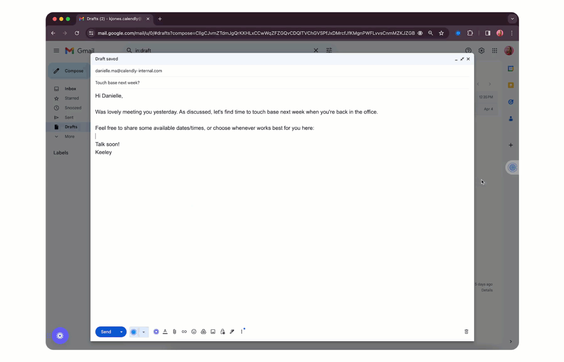 GIF showing someone adding times to an email from the Calendly extension for Chrome.