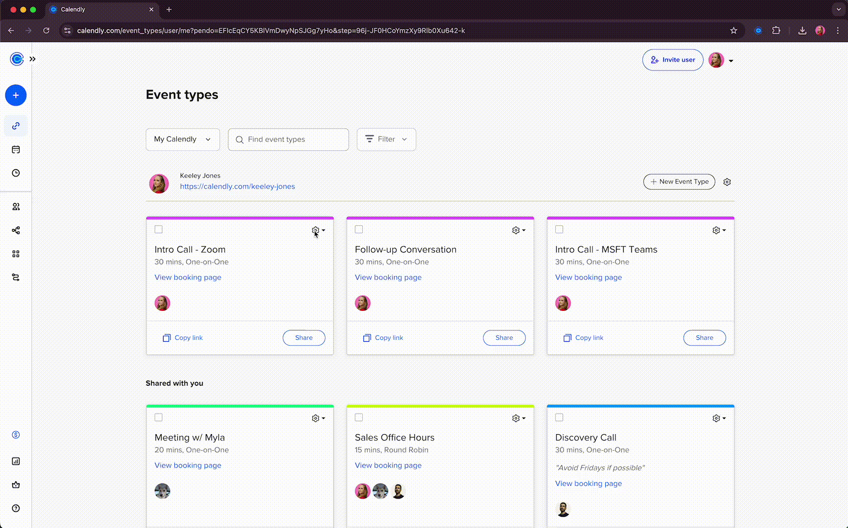 GIF showing how to edit Event Type permissions on Calendly.com, giving teammates “view” or “edit” access to that specific meeting type.