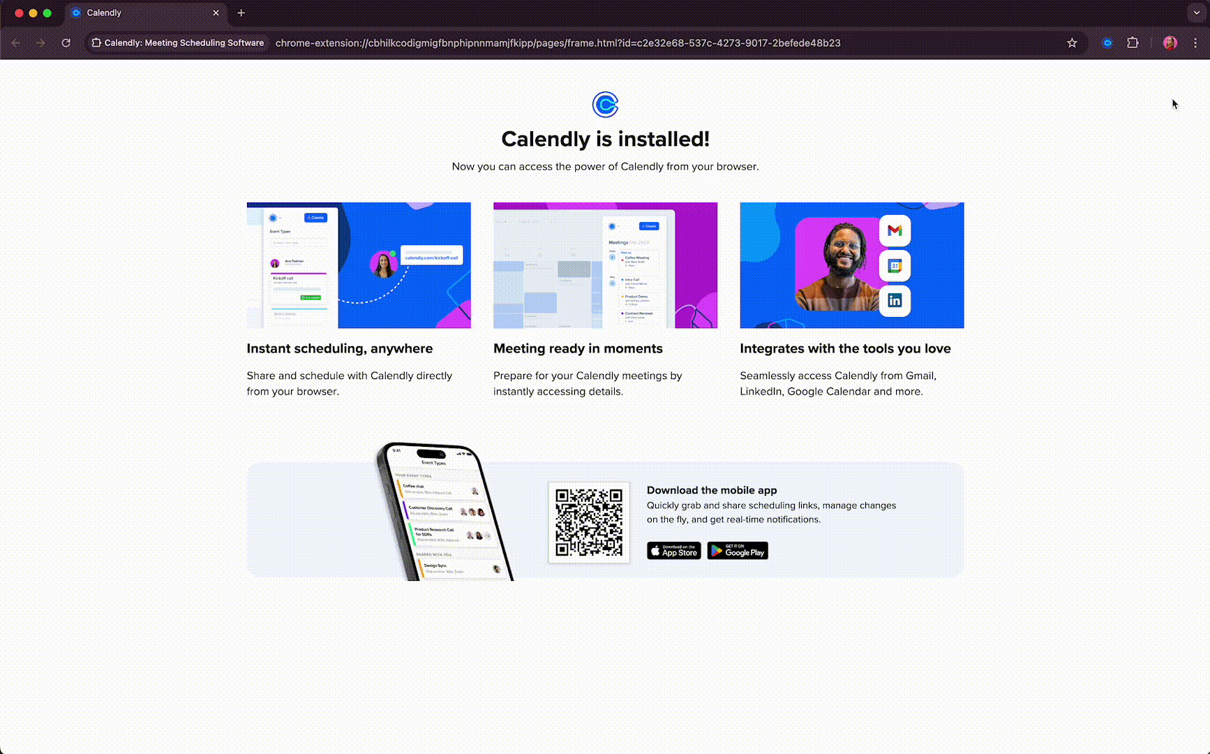 GIF demonstrating how the Meetings tab shows past, current, and future meetings booked through Calendly. You can join an in-progress event or make changes by canceling or rescheduling meetings from this tab. Clicking on a meeting opens a detailed view.