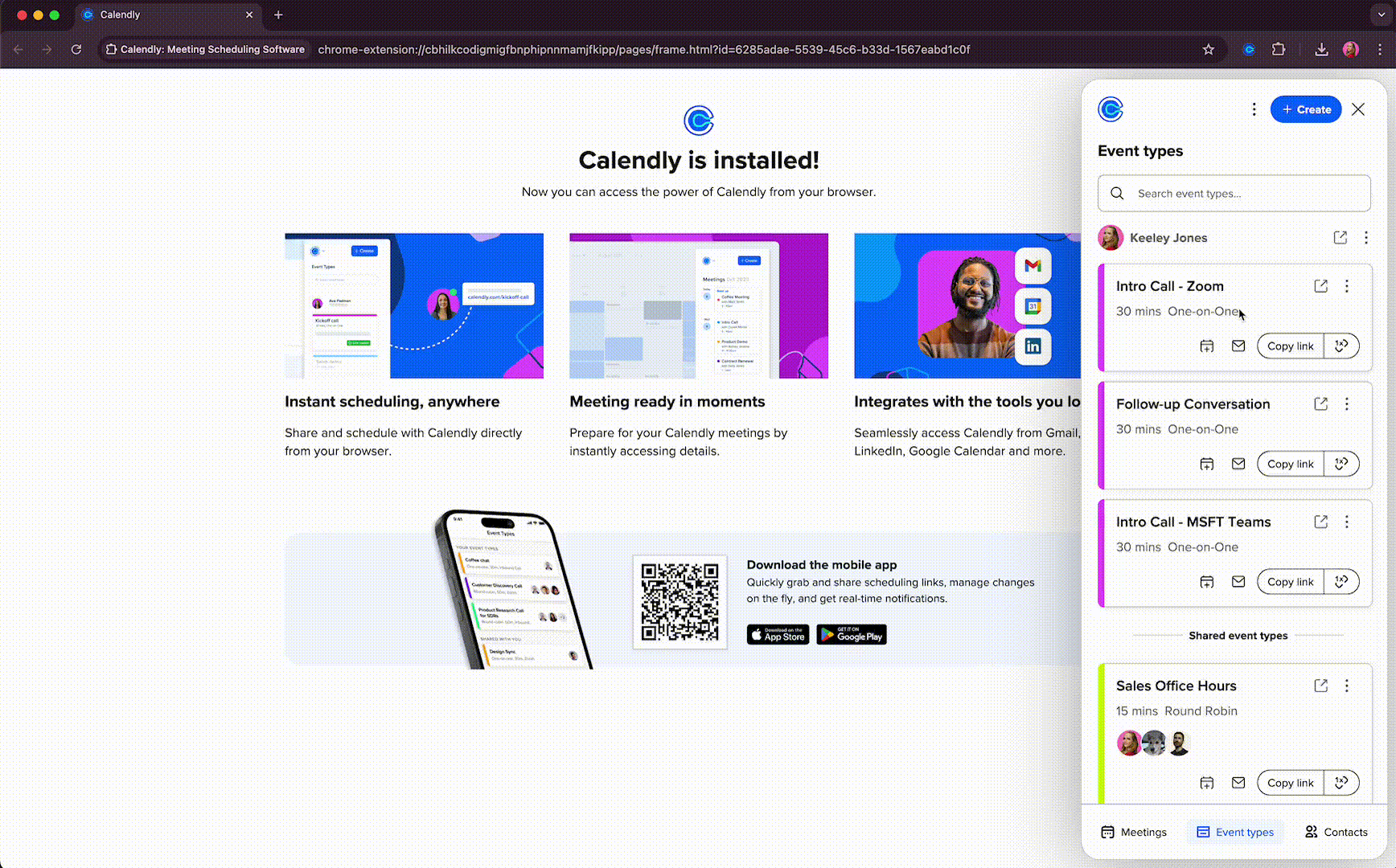 GIF showing the Event Type handoff feature in the Calendly browser extension, where the user can schedule an event on behalf of a teammate.
