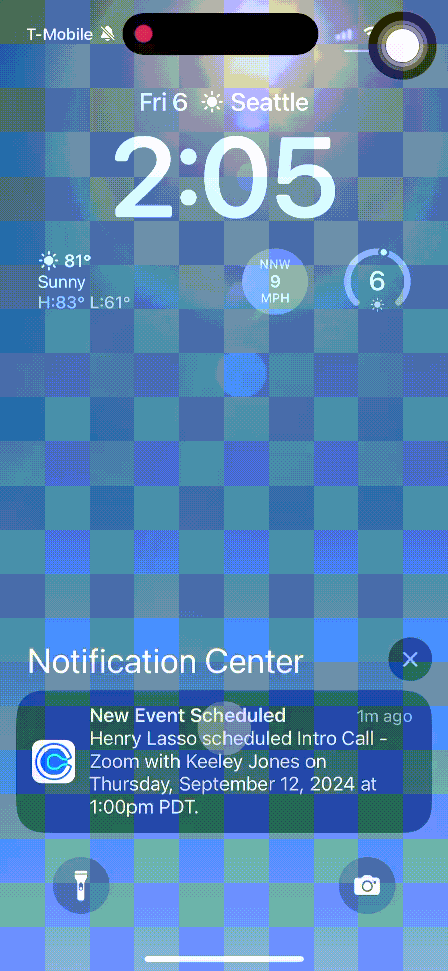 GIF showing a New Event Scheduled notification from Calendly on a smartphone home screen. The user opens the notification and sees the meeting details in their Calendly mobile app.