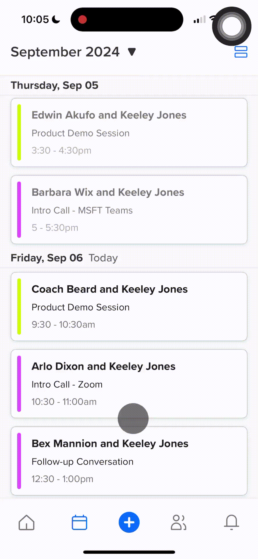 GIF showing a user on the Calendly mobile app clicking into a past meeting in the Meetings tab. The user marks the attendee as a no show and clicks into the Book follow-up options.