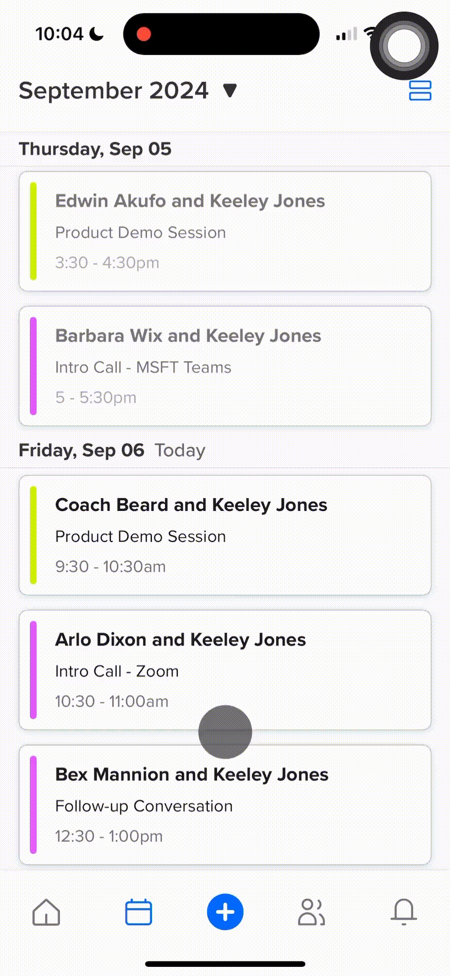 GIF showing a user on the Calendly mobile app clicking into the Meetings tab, selecting an upcoming meeting, then clicking through the Manage meeting and Join meeting options.