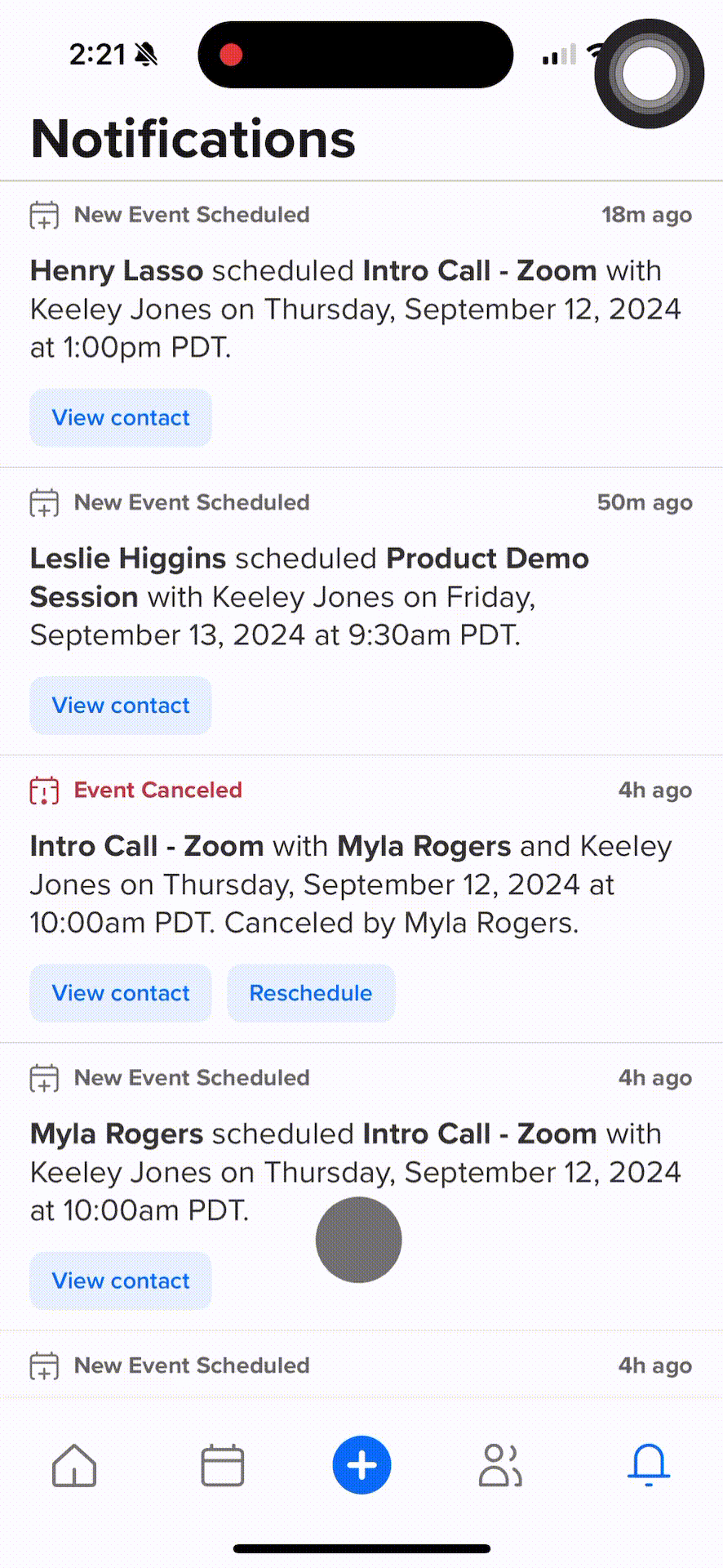 GIF showing the notification center in the Calendly mobile app. The user taps on "Reschedule" under a canceled event and is shown two options: Reschedule on behalf of invitee or Share rescheduling link.