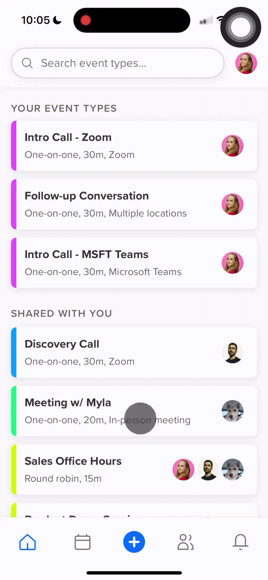 GIF showing a user in the Calendly mobile app selecting an Event Type, choosing More share options, then clicking Create QR code, which generates a QR code.