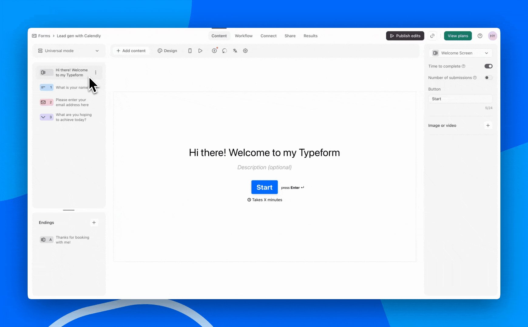 GIF showing the Calendly signup experience within Typeform's app, powered by Calendly's OAuth 2.0 connection.