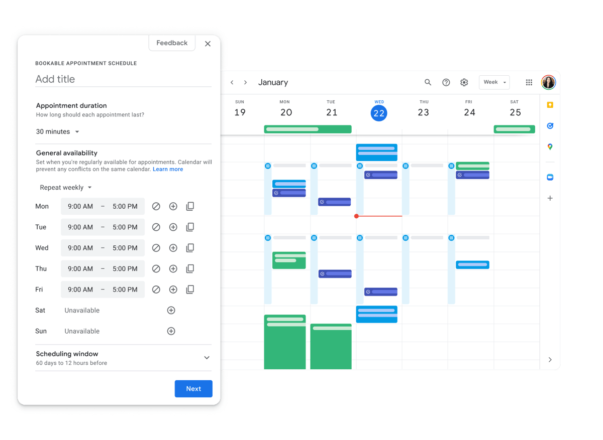 Screenshot showing that Google Appointment Scheduling is accessible as a sidebar within your Google Calendar.