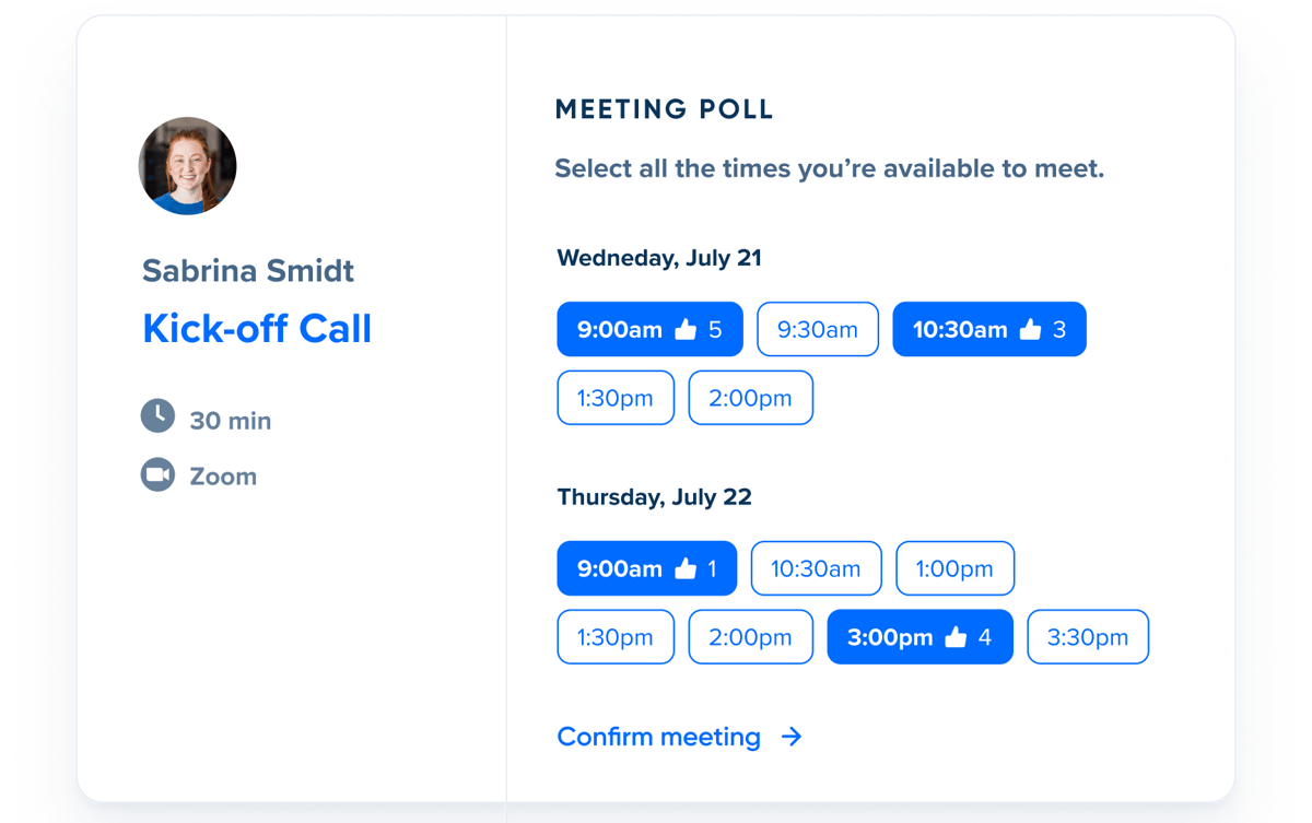 Screenshot showing results for a Calendly Meeting Poll. The meeting times invitees have voted for are highlighted in blue and show how many invitees have voted for that time.