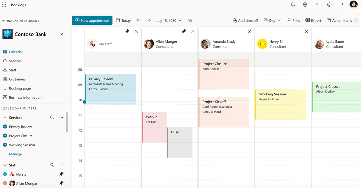 Screenshot showing openings and blocked time on several team member's calendars in Microsoft Bookings.