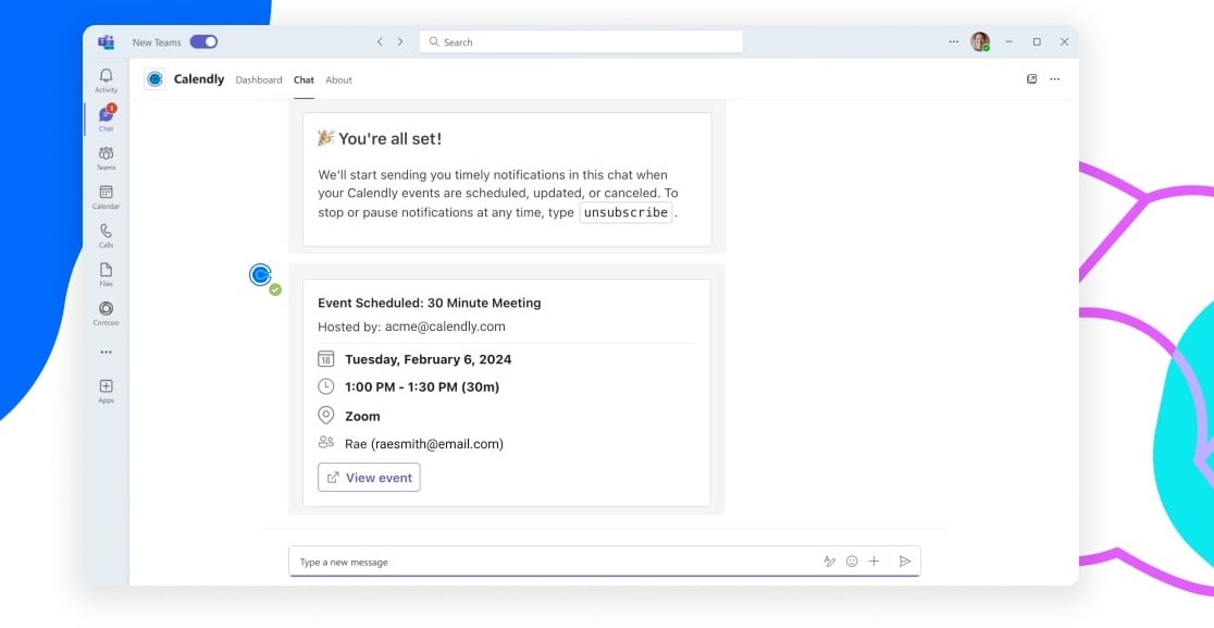 Screenshot from the Microsoft Teams app shows that when you connect Calendly and Teams, you can stay up-to-date with instant notifications when a Calendly meeting is booked or canceled.