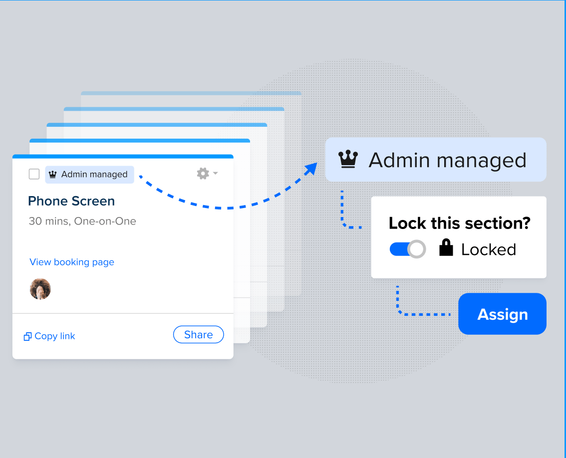 Screenshot showing how Calendly’s admin Managed Events can lock and sync meeting templates to ensure best practices are followed.