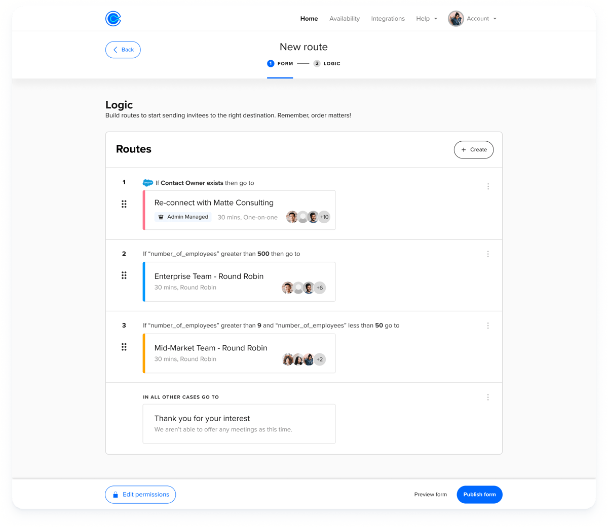 Screenshot showing Calendly’s built-in routing logic feature.
