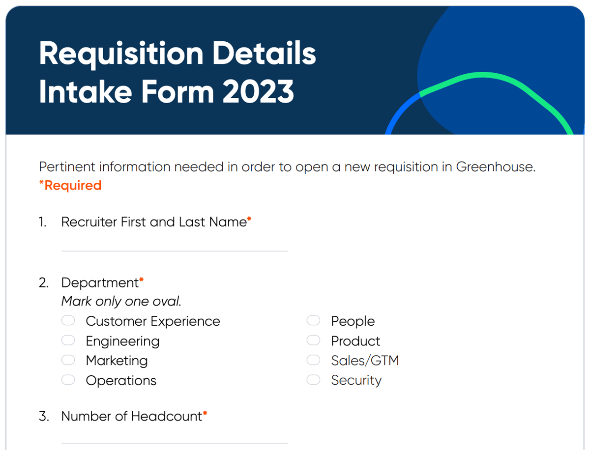 Screenshot of the top of a form titled "Requisition Details Intake Form 2023". Questions shown include recruiter name, department, and number of headcount.
