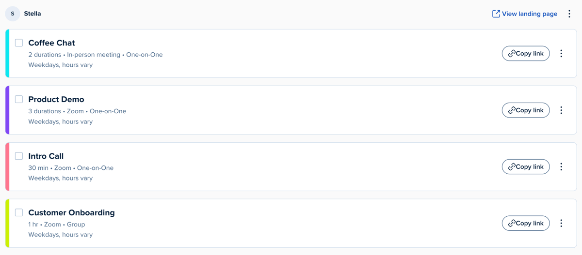 Screenshot of Event Types on the Scheduling page in the Calendly app. Each Event Type has a Copy link option.