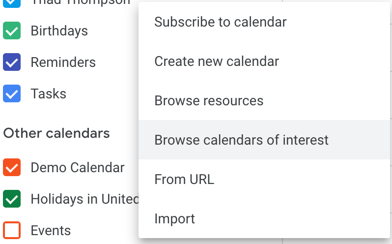 Use "Calendars of interest" to add every holiday to your calendar in one click.