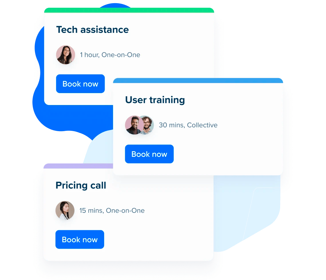 Stylized screenshot showing three Event Types ("Tech assistance", "User training", and "Pricing call") with "Book now" buttons.