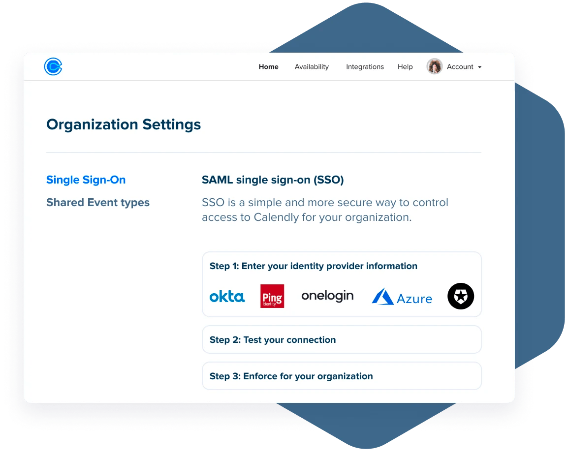 Screenshot of Organization Settings in the Calendly app, showing the setup screen for Single Sign-On.