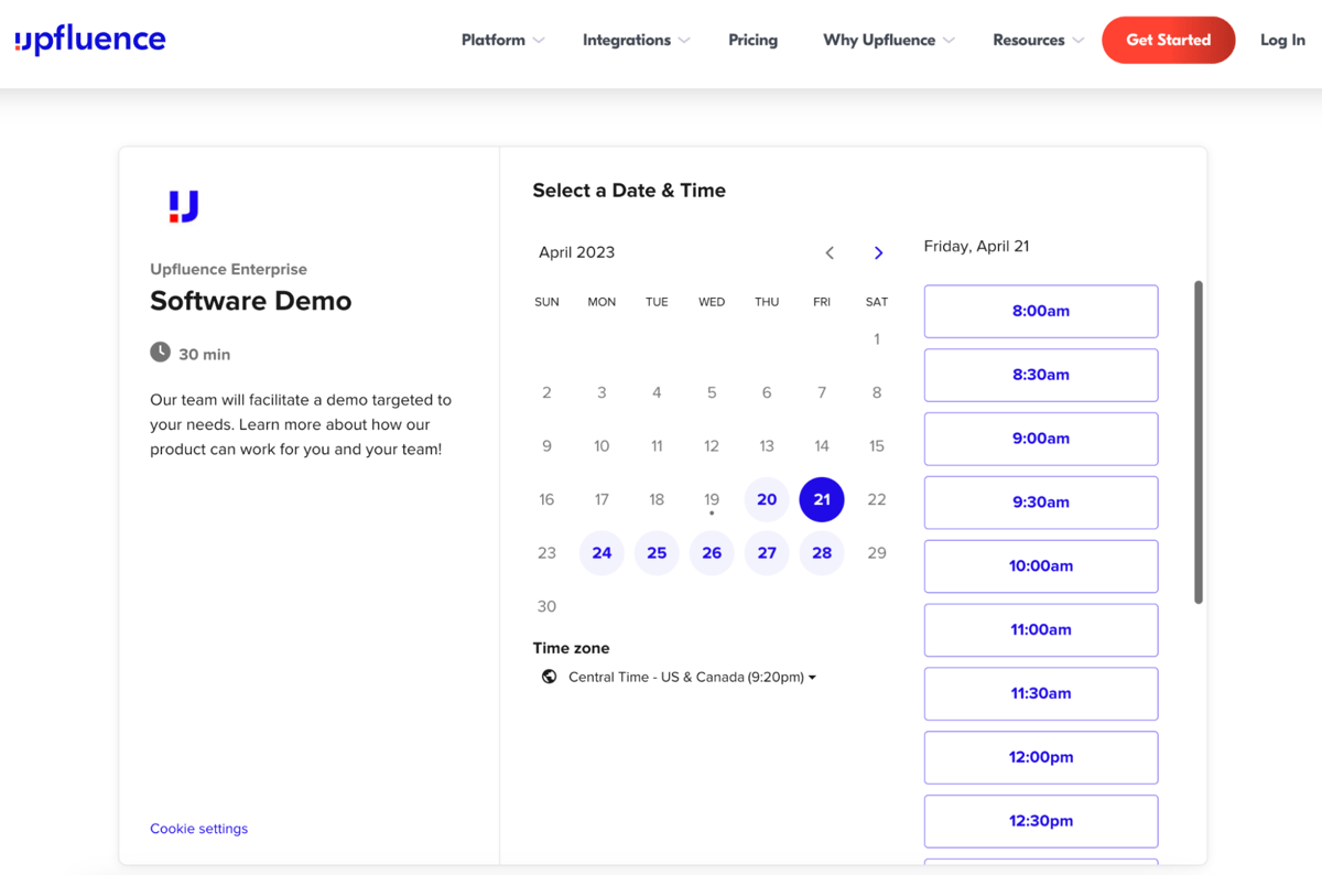 Screenshot of Upfluence's demo scheduling page. A Calendly booking page is embedded, and its colors match Upfluence's logo.
