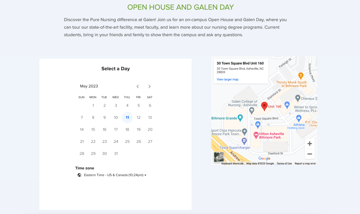 Screenshot of the Galen College of Nursing's "Open House and Galen Day" webpage. There is a block of text describing the event above an embedded Calendly calendar and a Google Map.