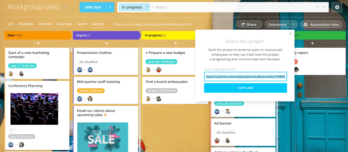 Screenshot of a collaborative Kanban board in in Bitrix24 titled "Workgroup tasks"