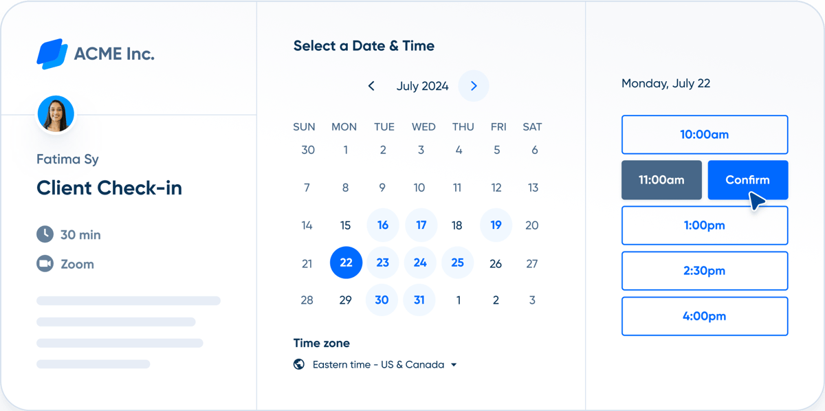 Stylized screenshot of a Calendly booking page for a Client Check-in meeting type. Available dates and times are shown and the invitee can select the time slot that works for them.