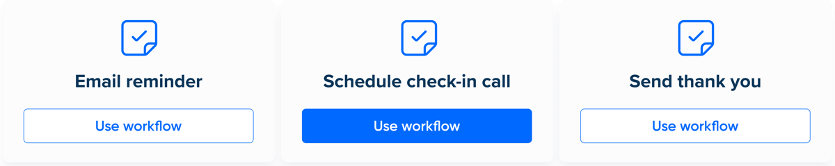 Stylized screenshot of three Calendly Workflow template options: Email reminder, Schedule check-in call, and Send thank you.
