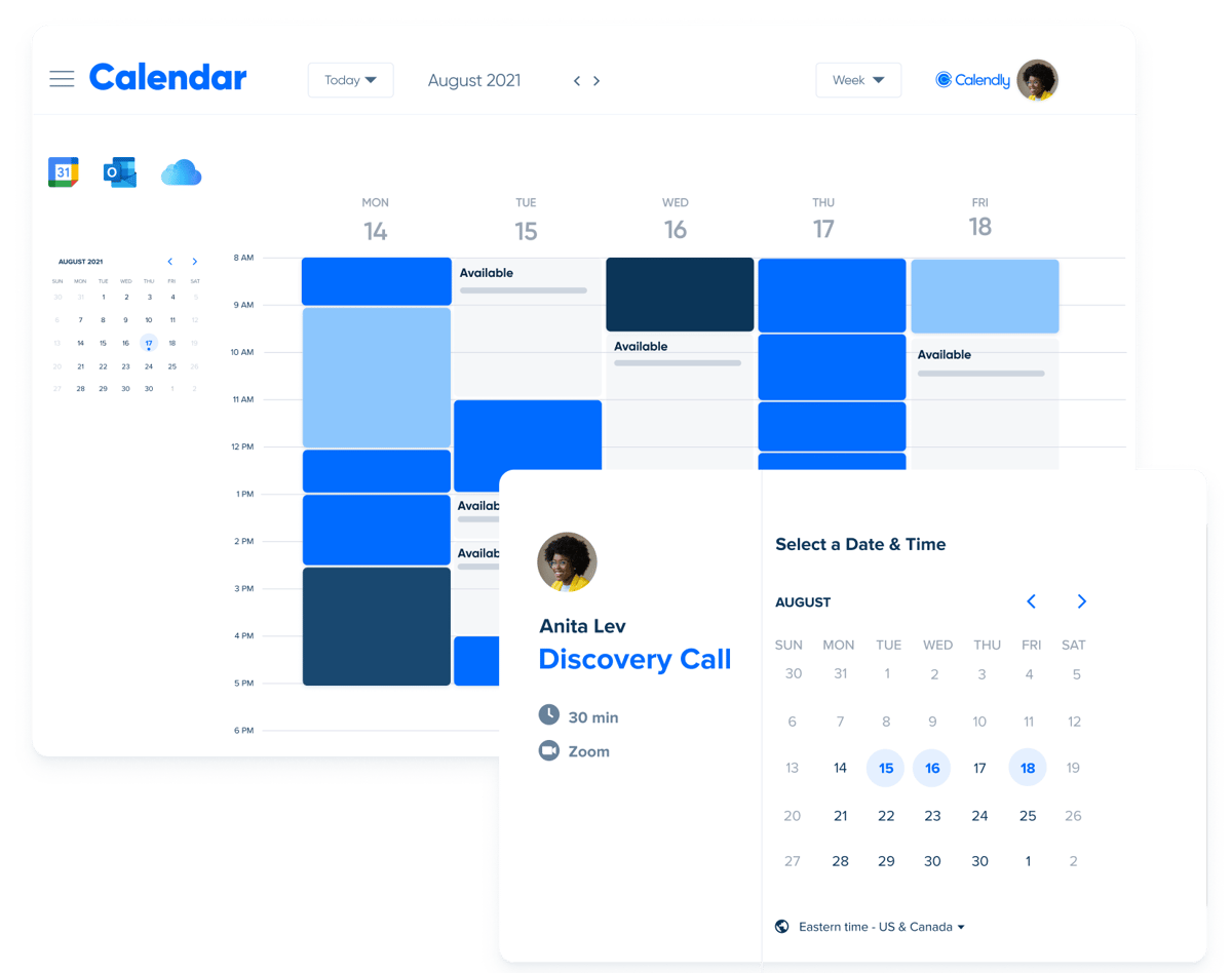 Stylized screenshot of a calendar showing busy and free time slots, as well as a Calendly booking page to select a date and time for a Discovery Call meeting.