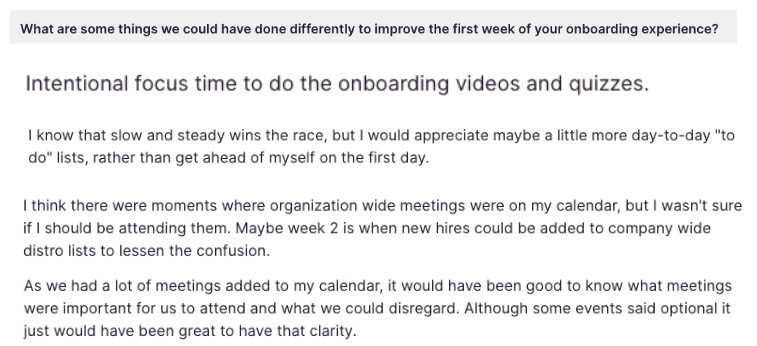 Example of post-onboarding survey question and responses