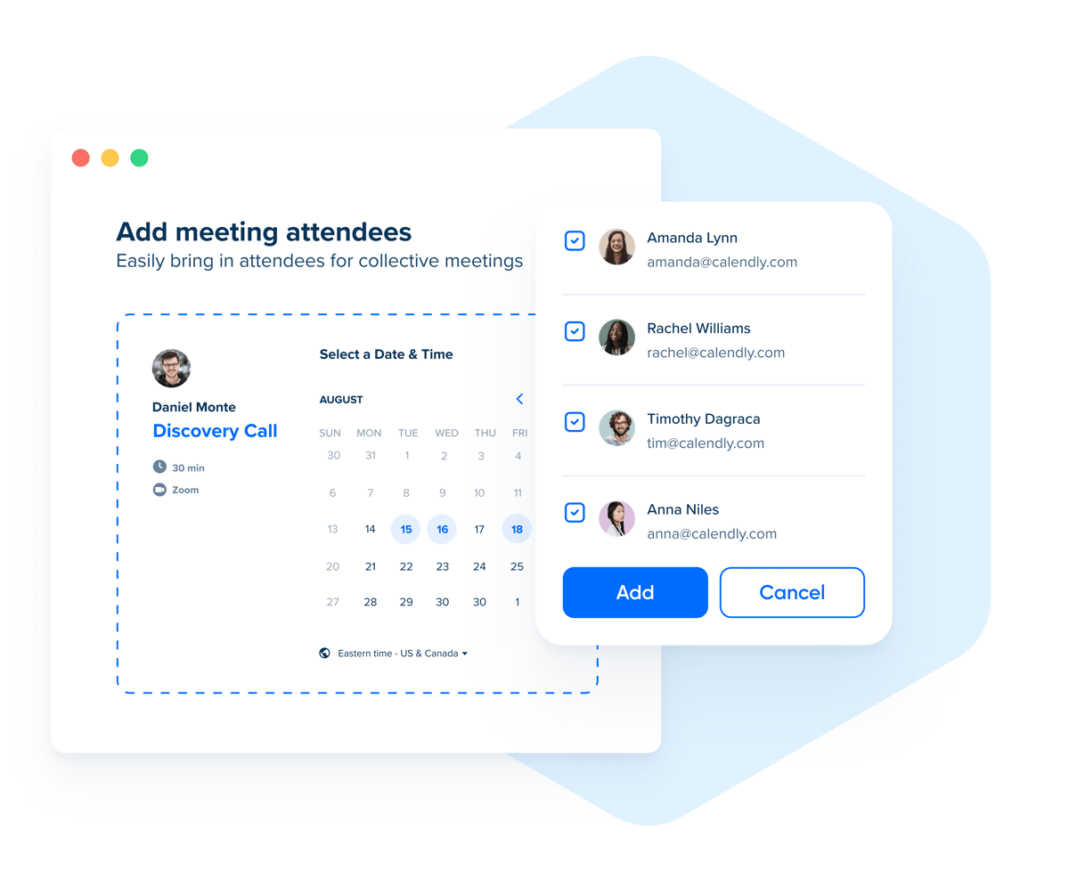 Stylized screenshot of the Calendly booking page for a "Discovery Call" Collective meeting, where the user can add multiple meeting attendees.