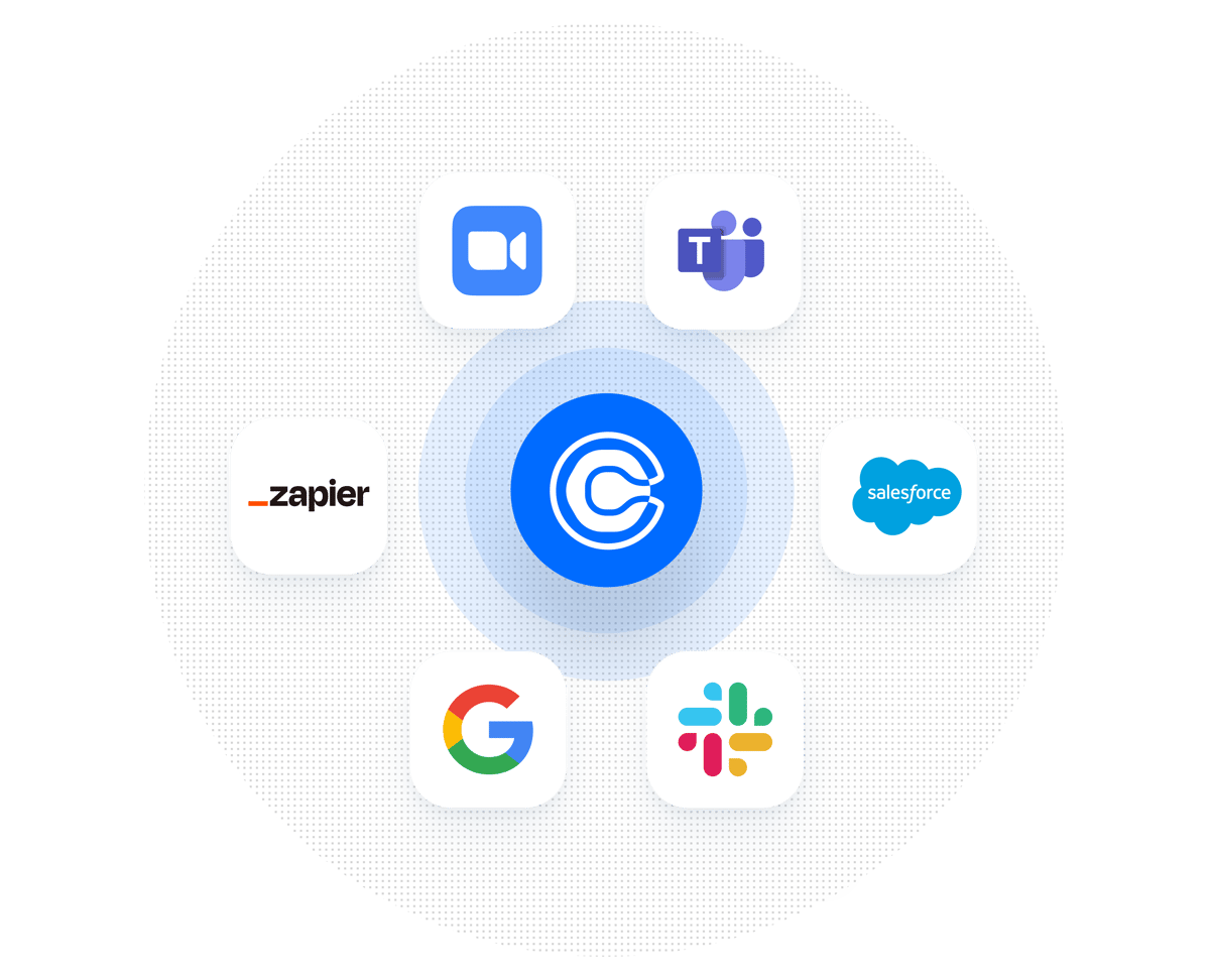 Grapic showing several of Calendly's native integrations, including Zoom, Teams, Salesforce, Slack, Google, and Zapier.