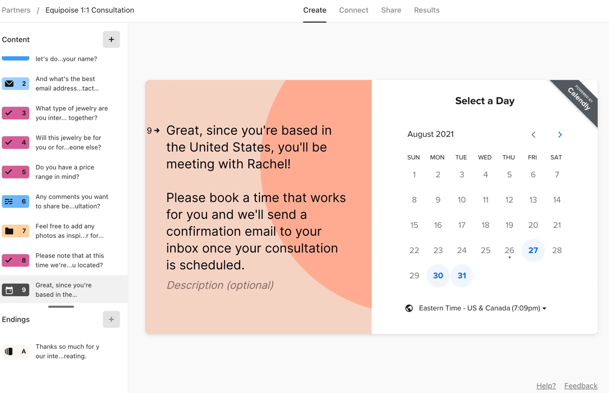 Screenshot of the Typeform form builder with a Calendly booking page embedded into one of the form steps.