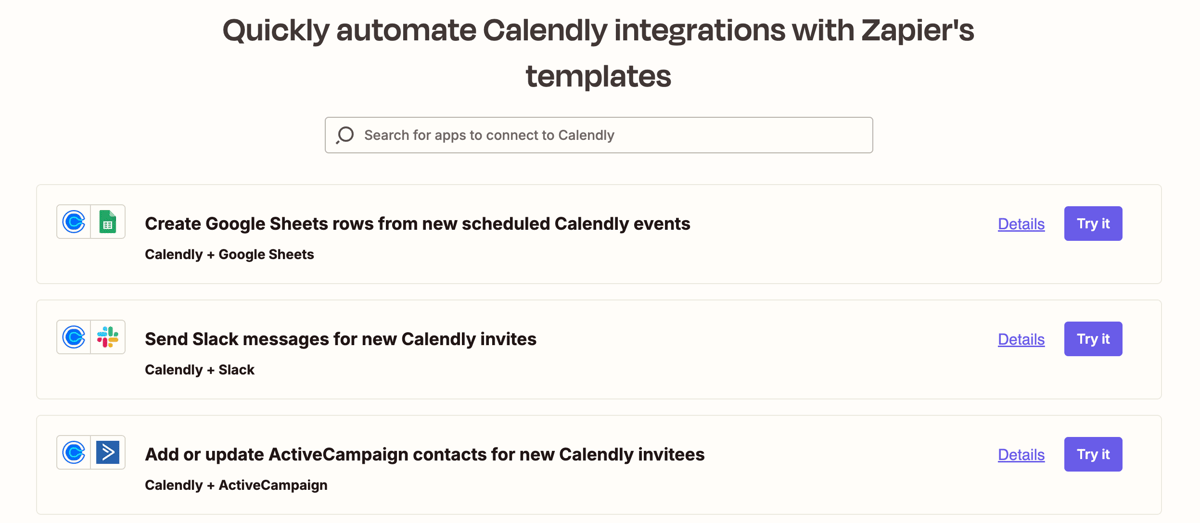 Screenshot showing three popular Zapier automations for Calendly: Create Google Sheets rows from new Calendly events, Send Slack messages for new Calendly invites, and Add or update ActiveCampaign contacts for new Calendly invitees. 