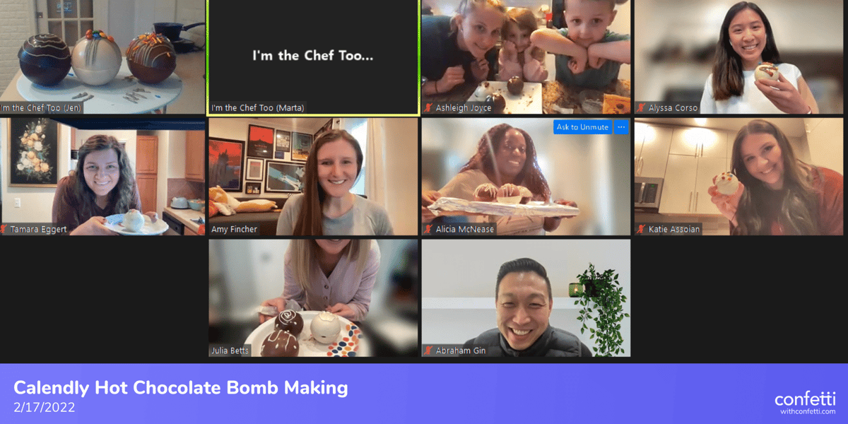 Screenshot of new employees making hot chocolate bombs during an onboarding team-building activity