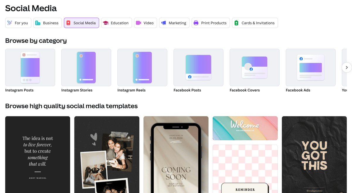 Screenshot of the Social Media section of Canva's template library. Template categories include Instagram Posts, Instagram Stories, Instagram Reels, Facebook Posts, Facebook Covers, and Facebook Ads.