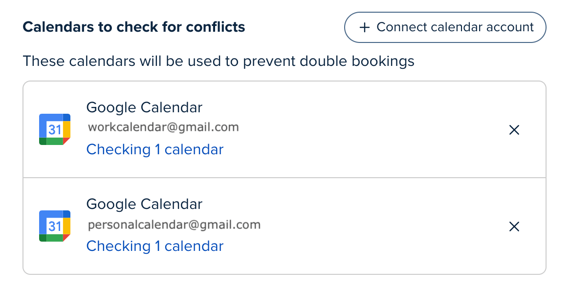 Screenshot of the calendar connections page in the Calendly app. Under Calendars to check for conflicts, two Google calendars are connected.