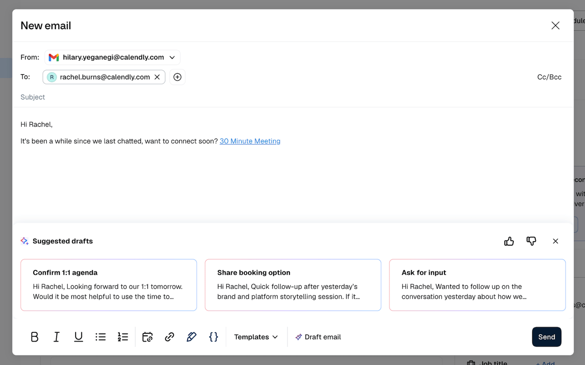 Calendly email composer opened from a contact profile, with recipient and sender fields filled in and suggested draft options like “Quick check-in,” “Share availability,” and “Thank and follow up.”