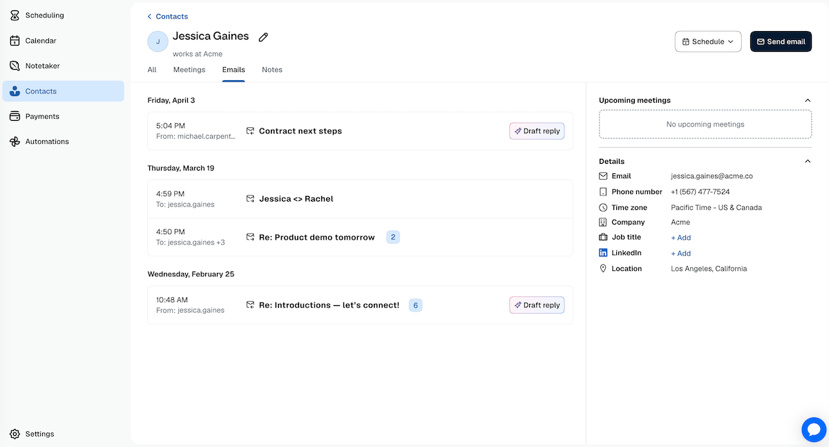 Screenshot of a Calendly contact profile for Jasmine Chambers, with the Emails tab selected. The page shows a list of recent email threads grouped by date, including “Re: Product demo tomorrow” and “Jasmine <> Riza,” plus a “Draft reply” button.