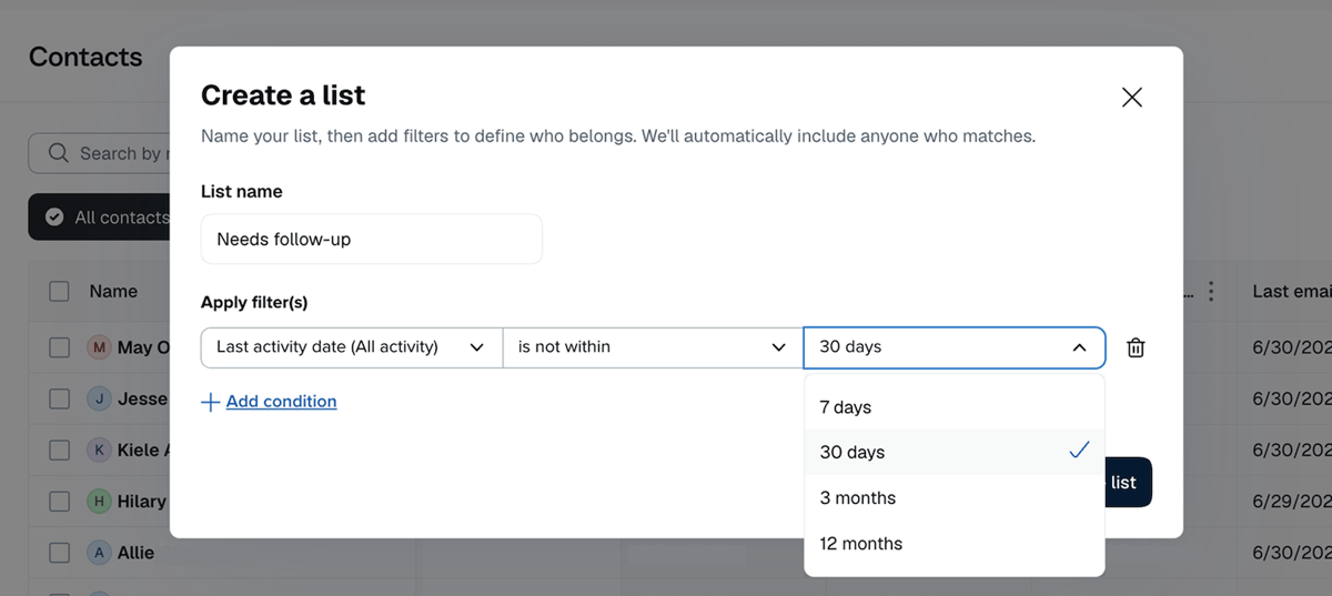 Calendly modal for creating a contact list named “Needs follow-up” with a filter for contacts inactive for 30 days.