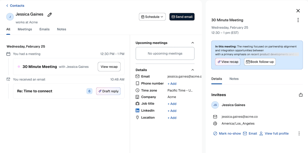 Calendly contact profile for Jessica Gaines showing a recent meeting, a related email thread, contact details, and meeting recap, plus buttons to view the recap or book a follow-up.