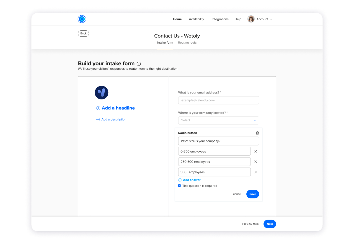 Screenshot of an intake form in Calendly