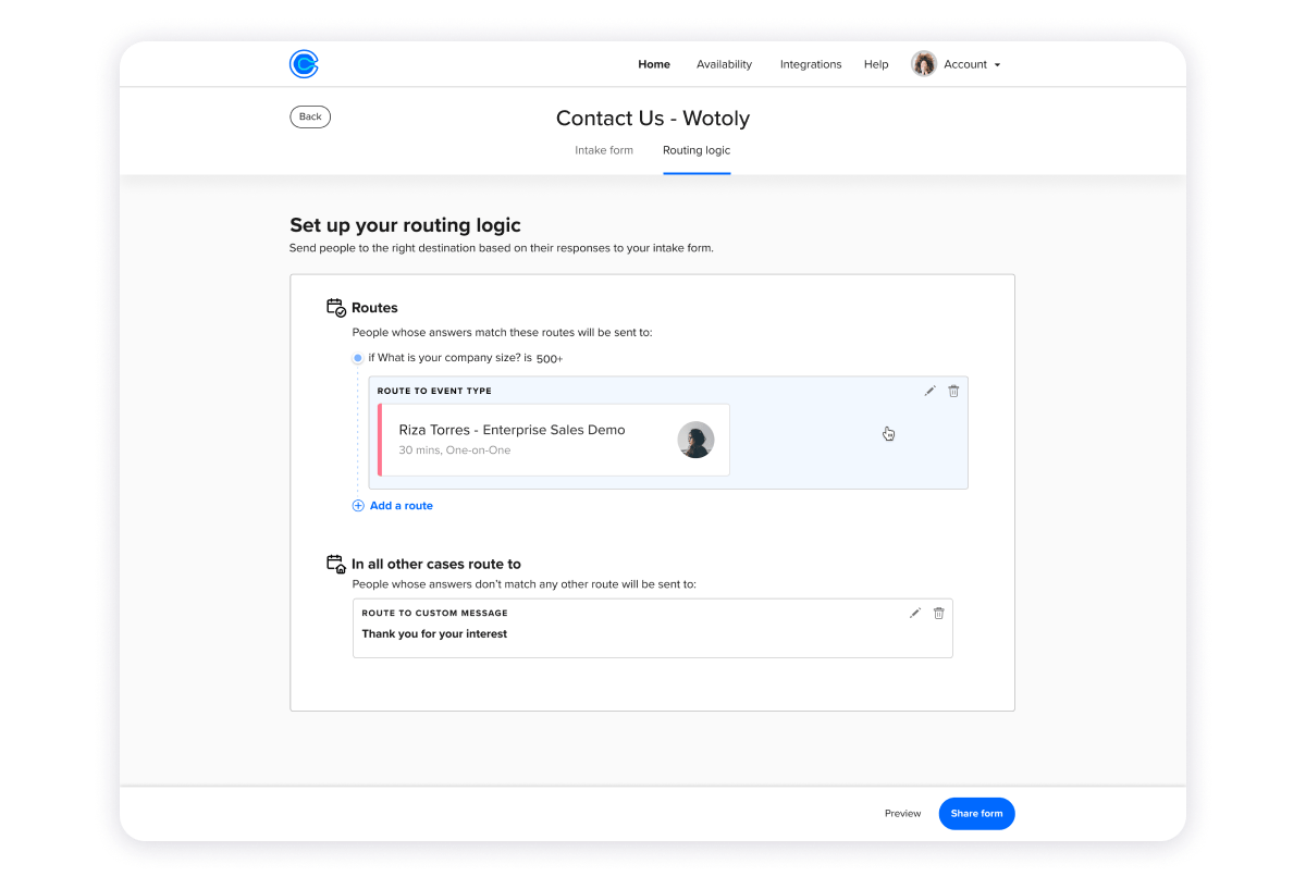 screenshot of Booking routes setup in Calendly