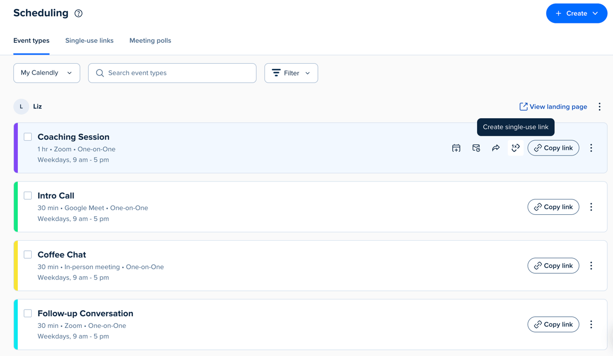 Screenshot of the Scheduling page in the Calendly web app. The user's Event Types are listed. The cursor hovers over the single-use link icon for a Coaching Session Event Type.