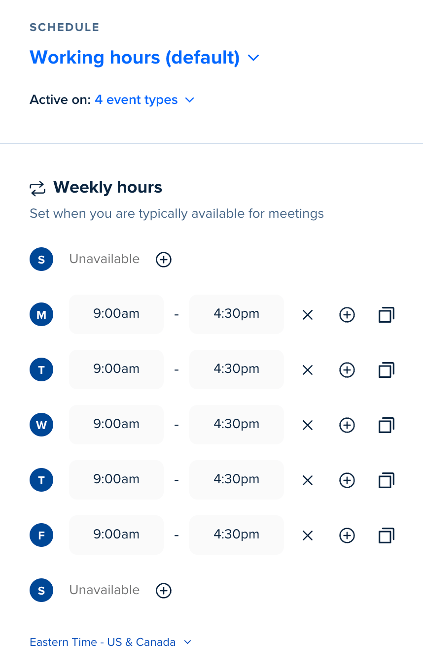Screenshot of a default schedule in Calendly availability settings. The schedule is called Weekly hours and the available times selected are Monday through Friday, 9 a.m. to 4:30 p.m.