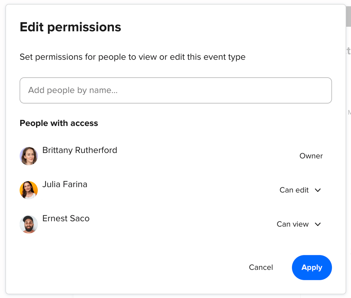 Screenshot of the "Edit hosts" settings in a Sales Demo Event Type. There are options to set edit or view-only permissions.