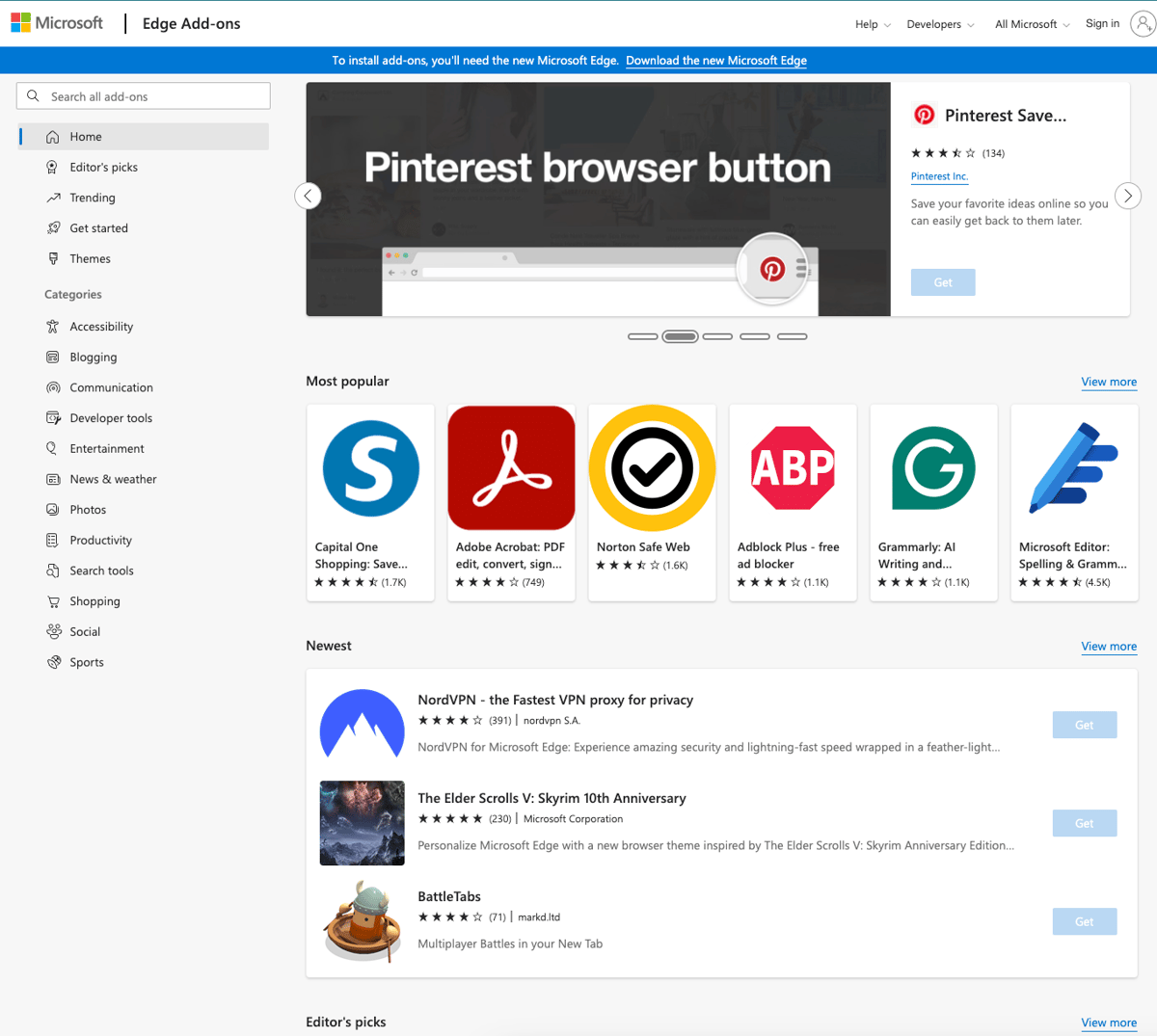 Screenshot of Microsoft Edge’s Add-Ons store, which is one example of an official marketplace to download safe browser extensions.