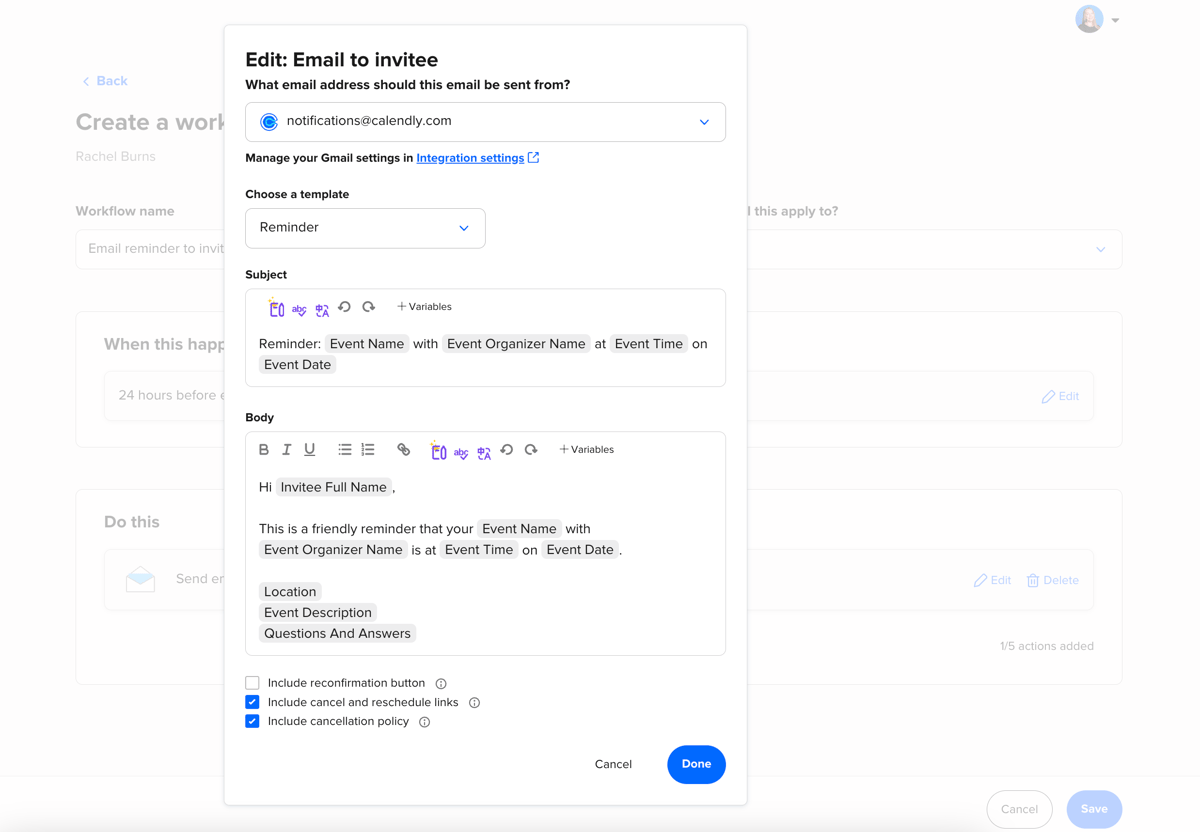 Screenshot of the editor for a Calendly Workflow reminder email. The Reminder template is selected, and the email includes event details, cancel and reschedule links, and a cancellation policy.