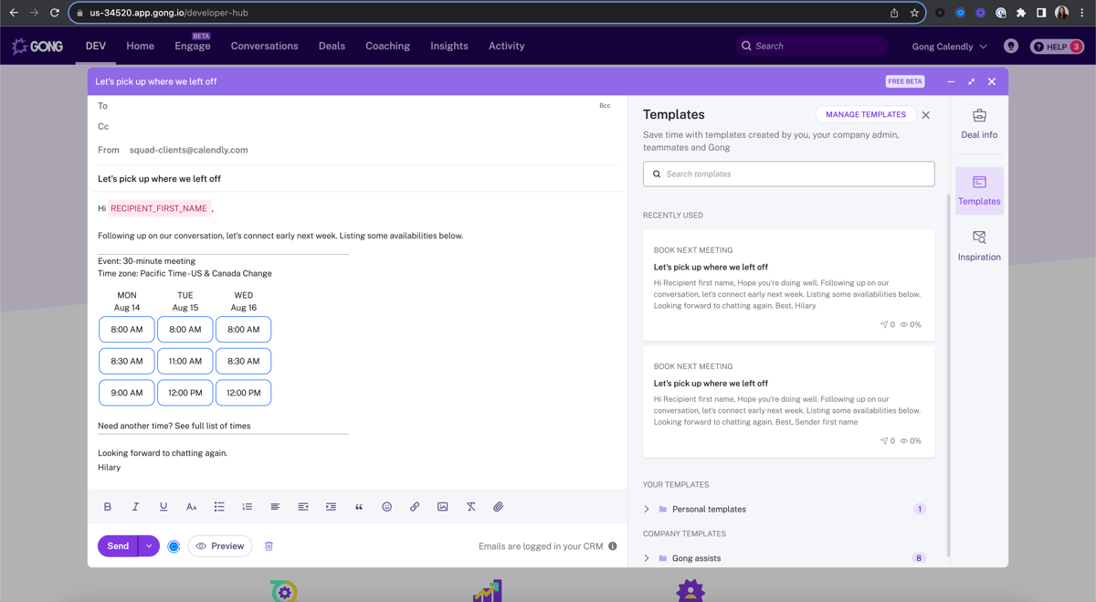 Screenshot of a Gong Engage email with Calendly meeting options embedded in the body of the email.