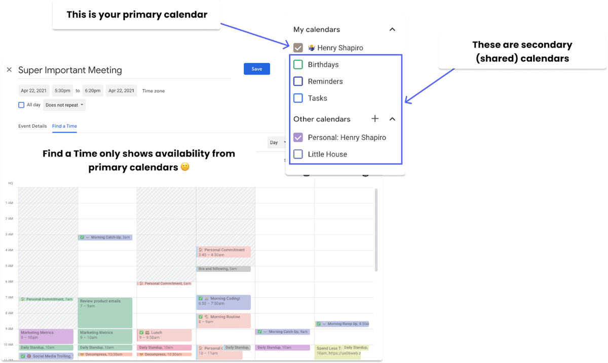 "Find a time" only shows info from your primary calendars.
