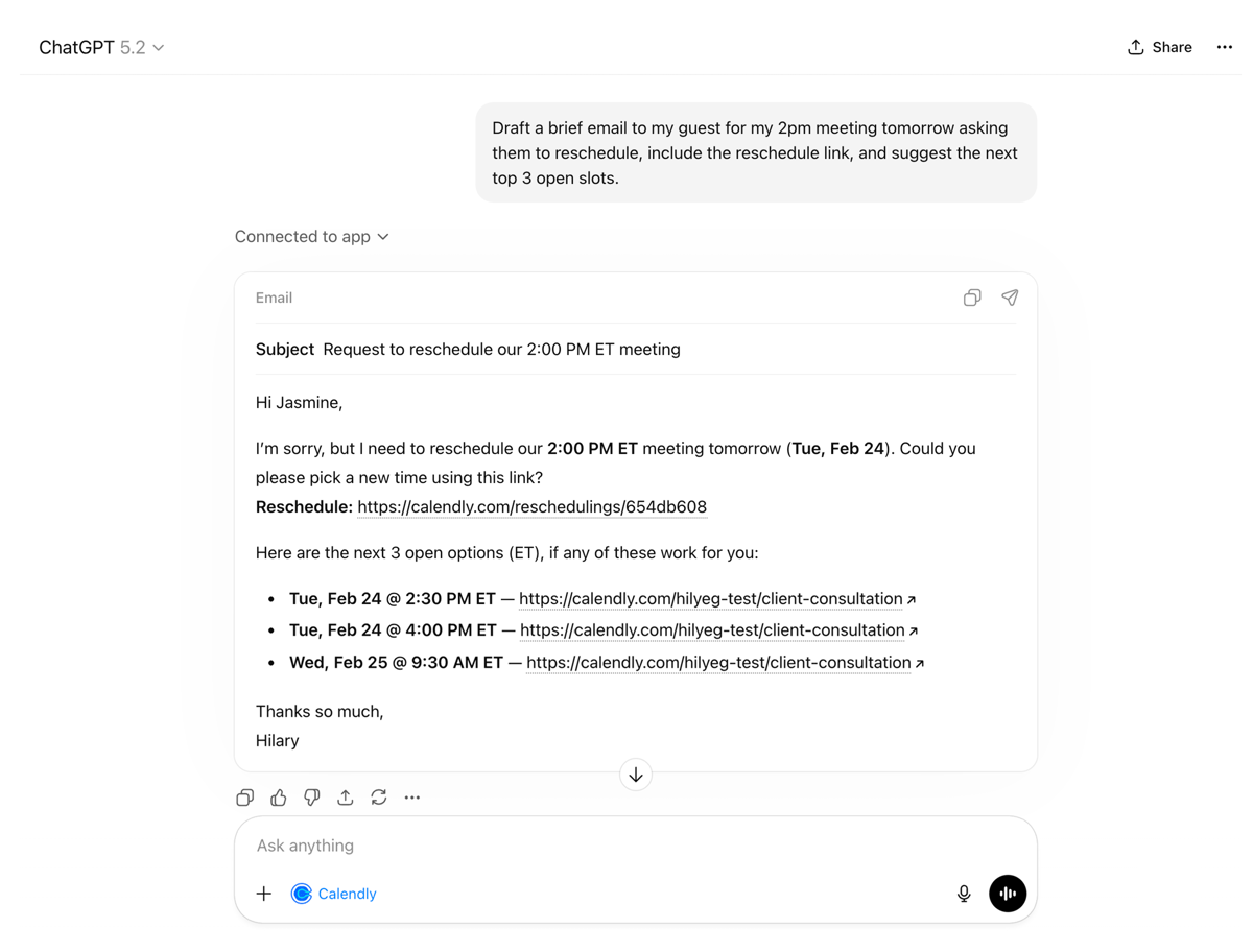 Screenshot of a ChatGPT conversation. The user tells ChatGPT to draft an email to their 2 p.m. meeting meeting guest asking to reschedule. ChatGPT provides an email draft with available times.